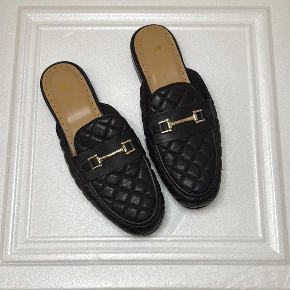H&M Black Quilted Loafers with Gold Horsebit